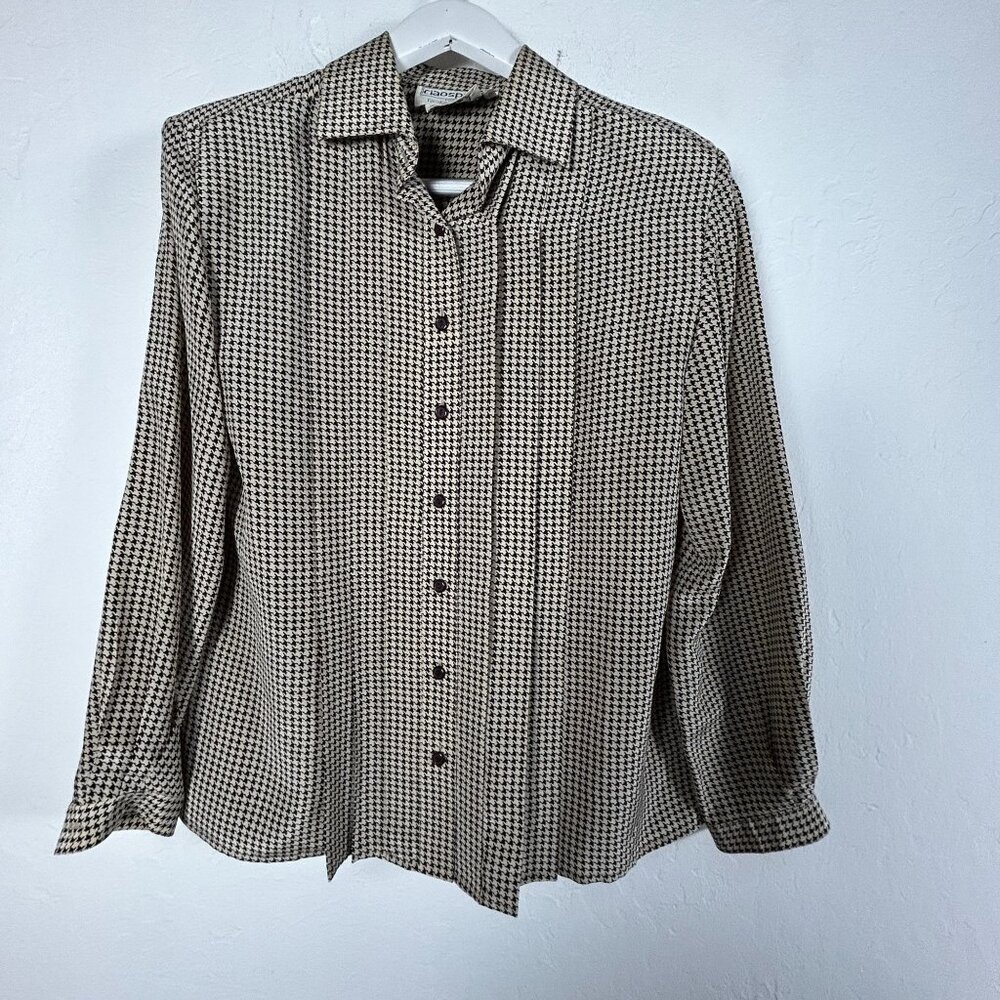Vintage Ciasport for Robinsons Womens Houndstooth Button-Up Shirt 10 Black Retro
